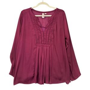 Dolan Wine Long Sleeve Embroidery Details Subtle Pleats V-Neck Peasant Blouse 1X